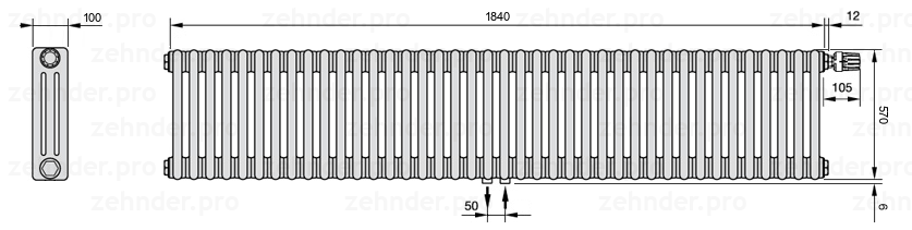 Схема (чертеж) Радиатор Zehnder Charleston 3057/40 №V008 Technoline TL